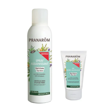 Pranarōm Aromaforce Spray Assainissant Ravintsara et Tea Tree 150ml + Gel Hydro Alcoolique Offert