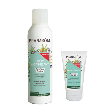 Pranarōm Aromaforce Spray Assainissant Ravintsara et Tea Tree 150ml + Gel Hydro Alcoolique Offert